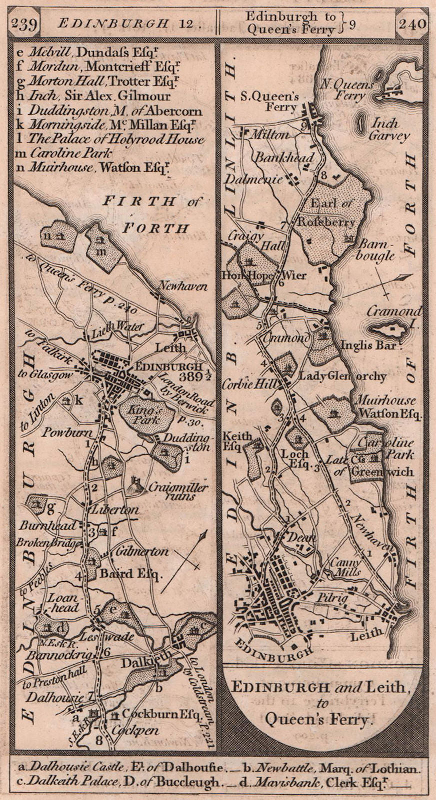 Dalkeith-Edinburgh-Leith-Queensferry road strip map PATERSON 1803 old